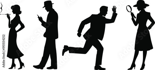 Black Silhouette of Vintage Detectives and Secret Agents including Woman with Magnifying Glass Man in Fedora and Running Spy in Retro Noir Style