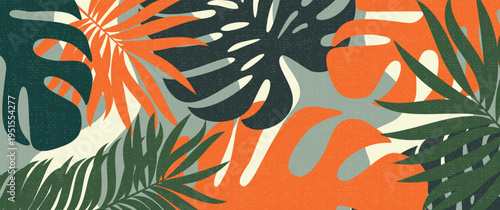 Dense Tropical Monstera and Palm Leaves in Green, Orange, and Beige Layered Over Abstract Vibrant Background