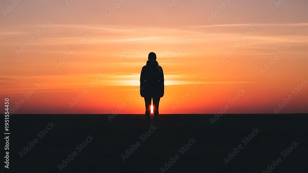 Fototapeta premium A person stands silhouetted against a vibrant sunset sky, looking off toward horizon