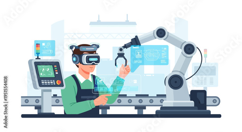 Smart Factory Engineer in VR/AR Headset Controls Robotic Arm and Production Line with Holographic Interface for Industry 4.0 Automation