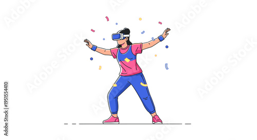 Woman wearing VR headset dancing and celebrating with confetti, virtual reality technology and entertainment concept