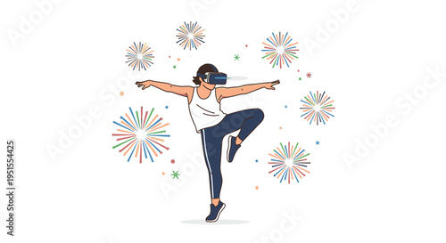 Woman in VR headset dancing and enjoying virtual reality with colorful fireworks around her