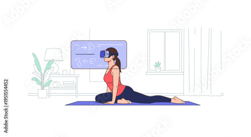 Woman doing yoga in a living room wearing VR headset, futuristic technology for fitness and wellness
