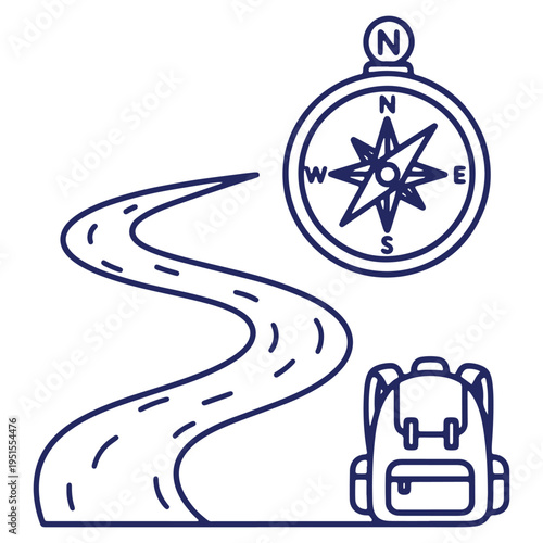 Line art illustration of a path a compass and a backpack suggesting journey exploration and adventure with navigational guidance for travel planning