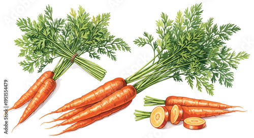 Fresh bunch of orange carrots with green leafy tops on a white background with sliced pieces.