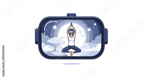 Woman practicing yoga in a virtual reality headset, meditating under a full moon in a serene landscape.