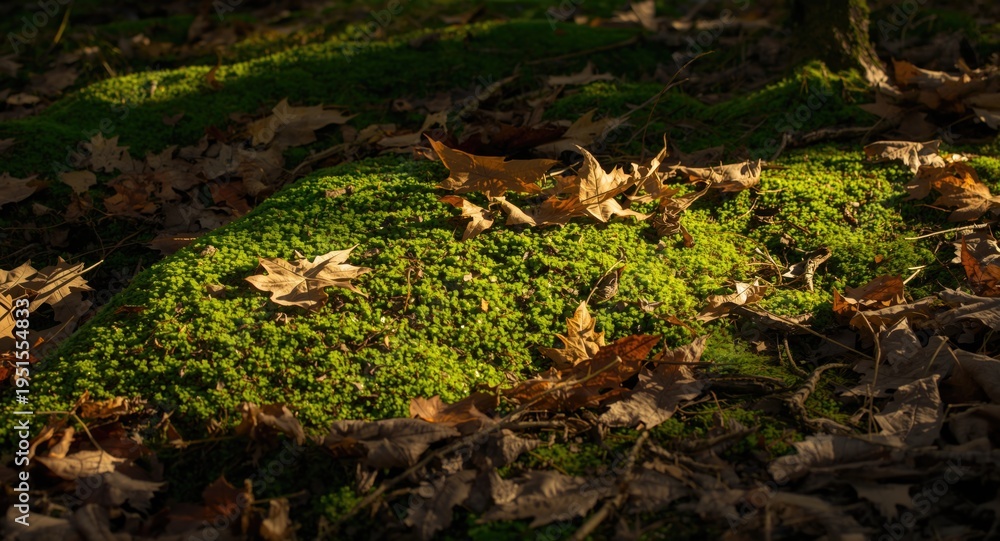 Obraz premium glowing mossy woodland floor with interplay of shadows and fallen leaves