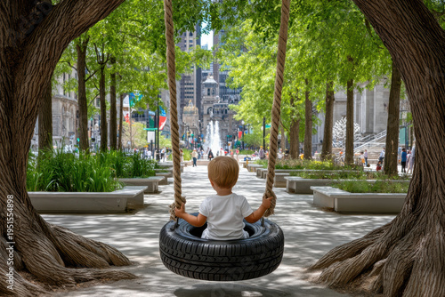 Child enjoys swinging on a tire in a city park surrounded by greenery and buildings