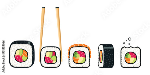 Set of sushi roll icons with salmon avocado and tuna isolated flat vector style