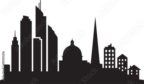 Black silhouette of a city skyline with various skyscrapers and buildings isolated on white background
