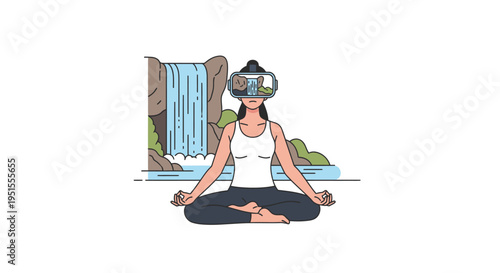 Woman meditating in VR headset with serene waterfall landscape, representing virtual reality relaxation and mindfulness