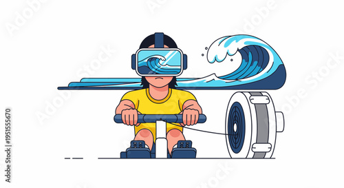 Person wearing VR headset rowing on a machine with a wave in virtual reality, futuristic concept