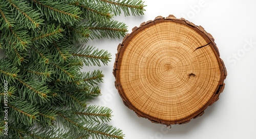 Natural wood slice with vibrant spruce on a white backdrop for marketing and sales event