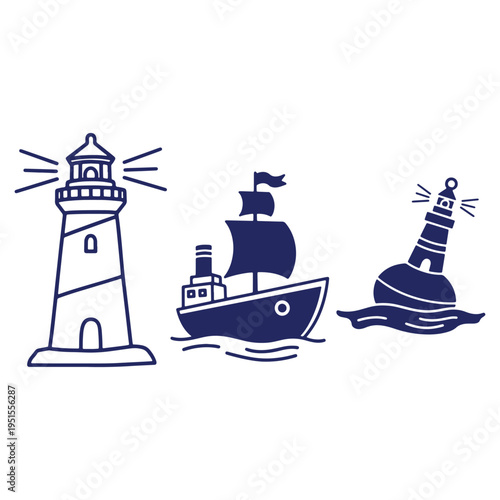 Nautical Vector Elements Featuring Lighthouse Sailing Boat and Buoy for Marine Theme Illustrations and Designs