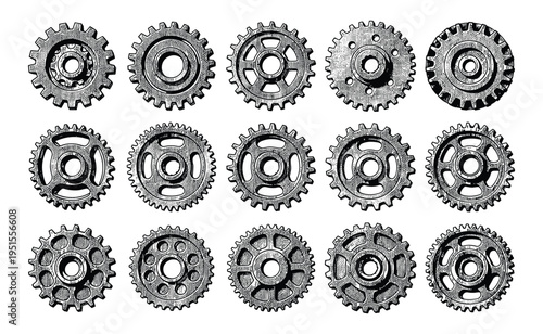 Set of vintage gear vector icons on transparent background illustration