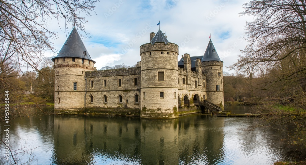 Obraz premium historic stone castle encircled by a serene moat