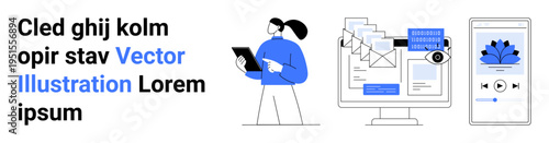 Business communication, remote work, digital applications, content management, email systems, multimedia integration. Person holding tablet, computer with files and smartphone. Business