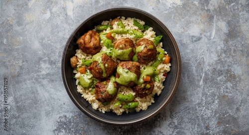 Gourmet wild rice bowl with grilled meatballs and fresh green sauce set on a food backdrop with room for copy