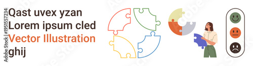 Teamwork, problem-solving, feedback system, decision-making, collaboration, emotional intelligence. Colorful puzzle pieces and a feedback scale. Teamwork and problem-solving focus
