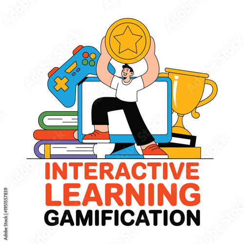 A cartoon man sitting on a laptop with a star and trophy for interactive learning and gamification