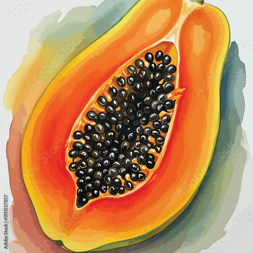 Watercolor-style illustration of a halved papaya with black seeds on a colorful background.