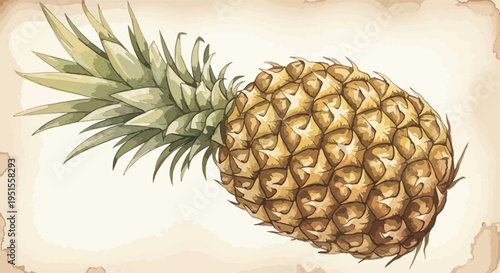 Vibrant illustration of a whole pineapple with green leaves on a distressed beige background with brown edges.