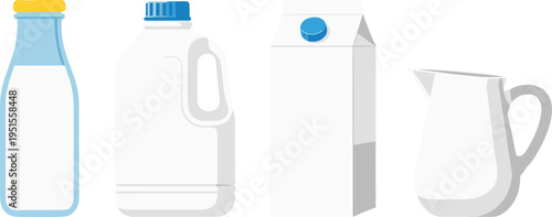 Milk containers set, bottle carton jug packaging, dairy product illustration, minimal flat design, grocery beverage icons, vector isolated collection