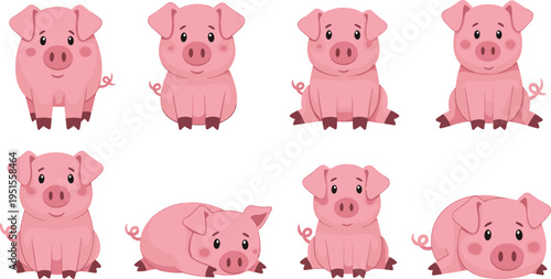 Cute cartoon pig characters collection, adorable farm animal illustrations, pink piglet mascot set, playful baby pigs, vector design elements