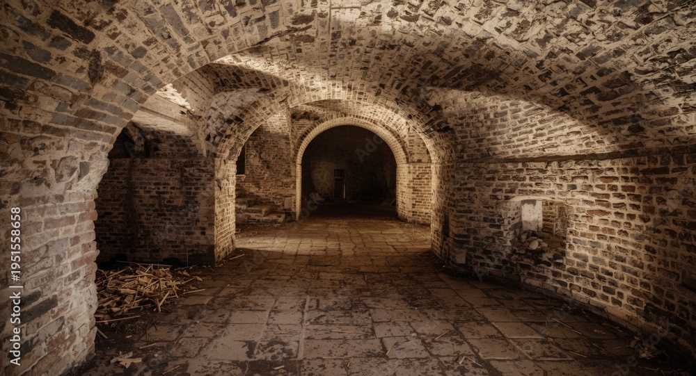 Obraz premium Historic underground fort interior with derelict tunnels and copy space