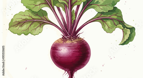 Close-up of a vibrant red beetroot with green leafy greens against a clean white background.