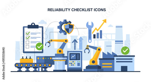 Industrial Automation, Quality Control & Reliability Checklist in Smart Manufacturing Process. Factory production, efficiency, and automated system icons.