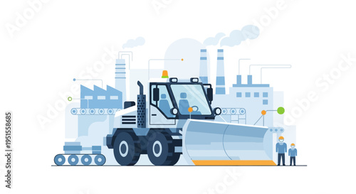 Industrial Loader Vehicle at Modern Factory - Manufacturing and Production Operations with Workers. Vector Illustration.