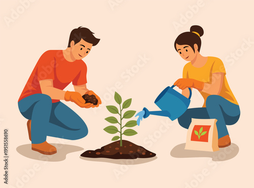 man woman couple planting tree