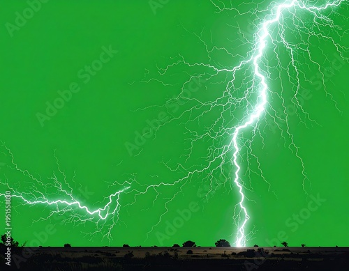 Intense, bright lightning strikes above a dark silhouetted landscape against an eerie green colored sky