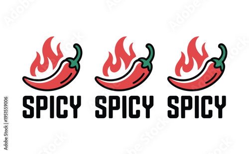 A logo featuring three red chili peppers with flames and the word SPICY repeated three times in black text on a white background