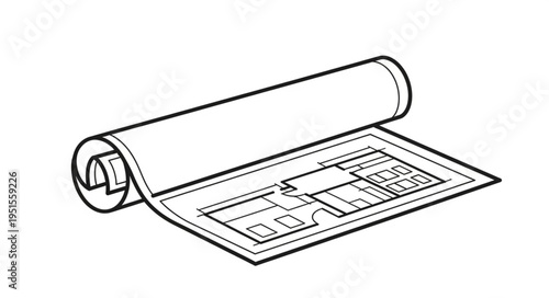 A rolled-up architectural blueprint with a detailed floor plan, ready for review.