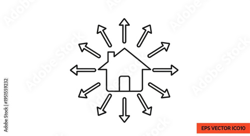 A house icon surrounded by arrows pointing outwards, representing expansion and growth.
