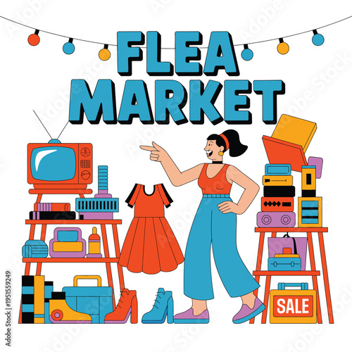 A vibrant illustration of a woman shopping at a flea market
