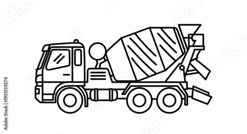 Line drawing of a concrete mixer truck, depicting its design and components.