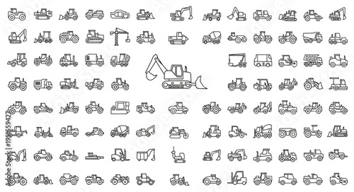 Collection of various construction vehicles and heavy machinery, outlined in a linear style.