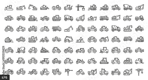 Collection of various construction vehicles and equipment, outlined in black and white.