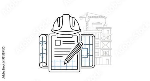 Construction-themed illustration featuring a hard hat, blueprints, and a building under construction.