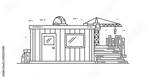 Line drawing of a construction site with a building, crane, and materials.