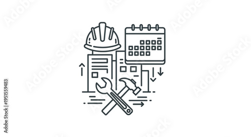 Illustration depicting construction planning, scheduling, and project management with tools and calendar.