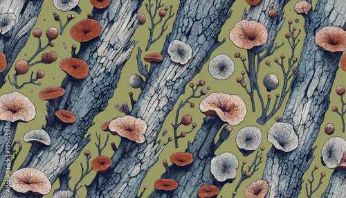 weathered bark spore floral seamless vector wall art background