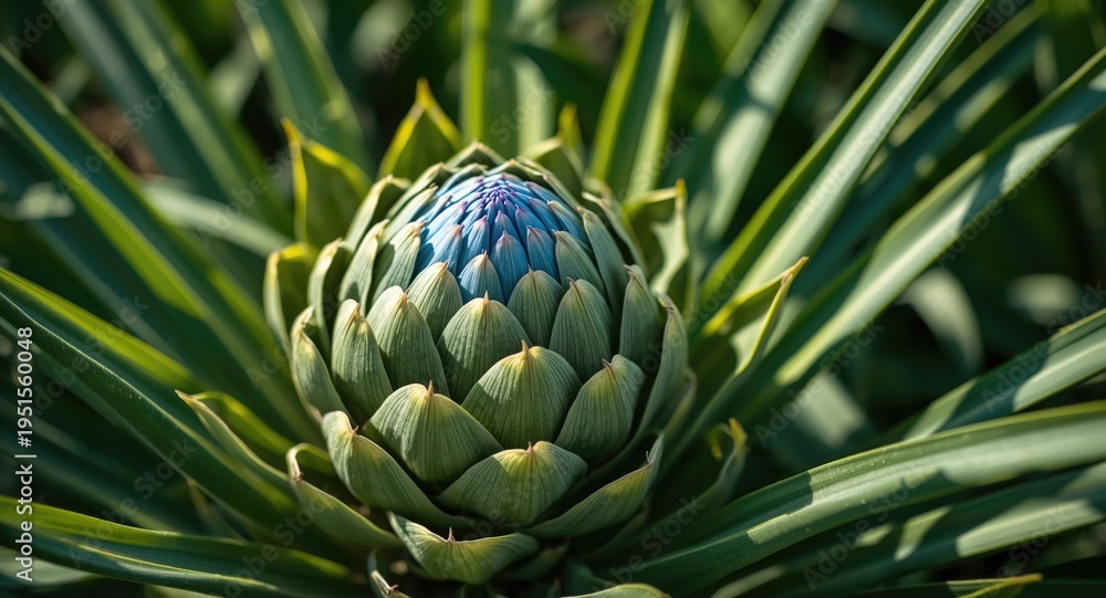 Fototapeta premium Close crop of artichoke plant with striking blue blooms and lively green leaves