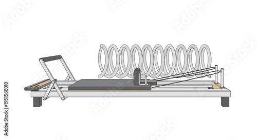 Pilates reformer machine with springs and carriage for fitness and exercise, isolated on white background
