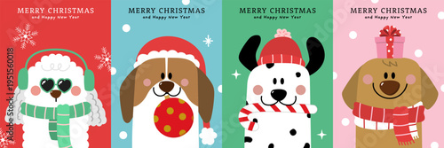 Merry Christmas and happy new year with cute puppy and dog in winter costumes. Animal holidays cartoon characters. -Vector