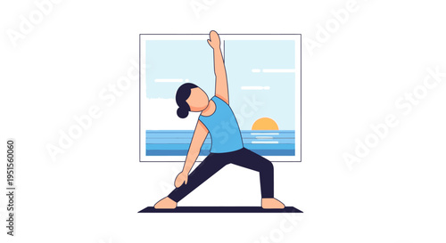 Woman practicing yoga warrior 2 pose in front of a serene ocean sunrise, promoting wellness and healthy lifestyle