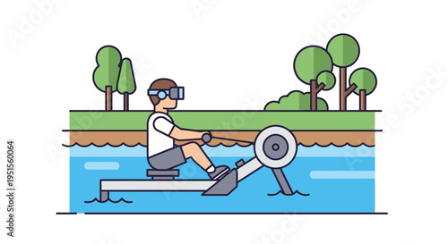 Man using VR goggles on a rowing machine in water, cartoon style, outdoor activity